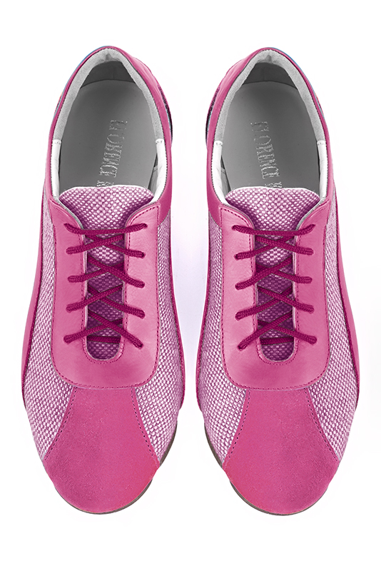 Fuschia pink women's one-tone elegant sneakers. Round toe. Flat rubber soles. Top view - Florence KOOIJMAN